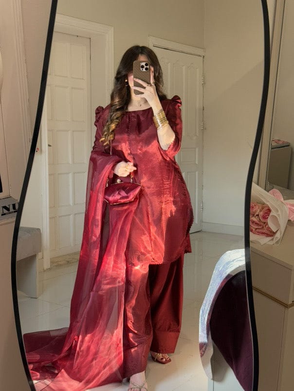 SILK MAHROON LUXURY 3PC WITH FARSHI SHALWAR